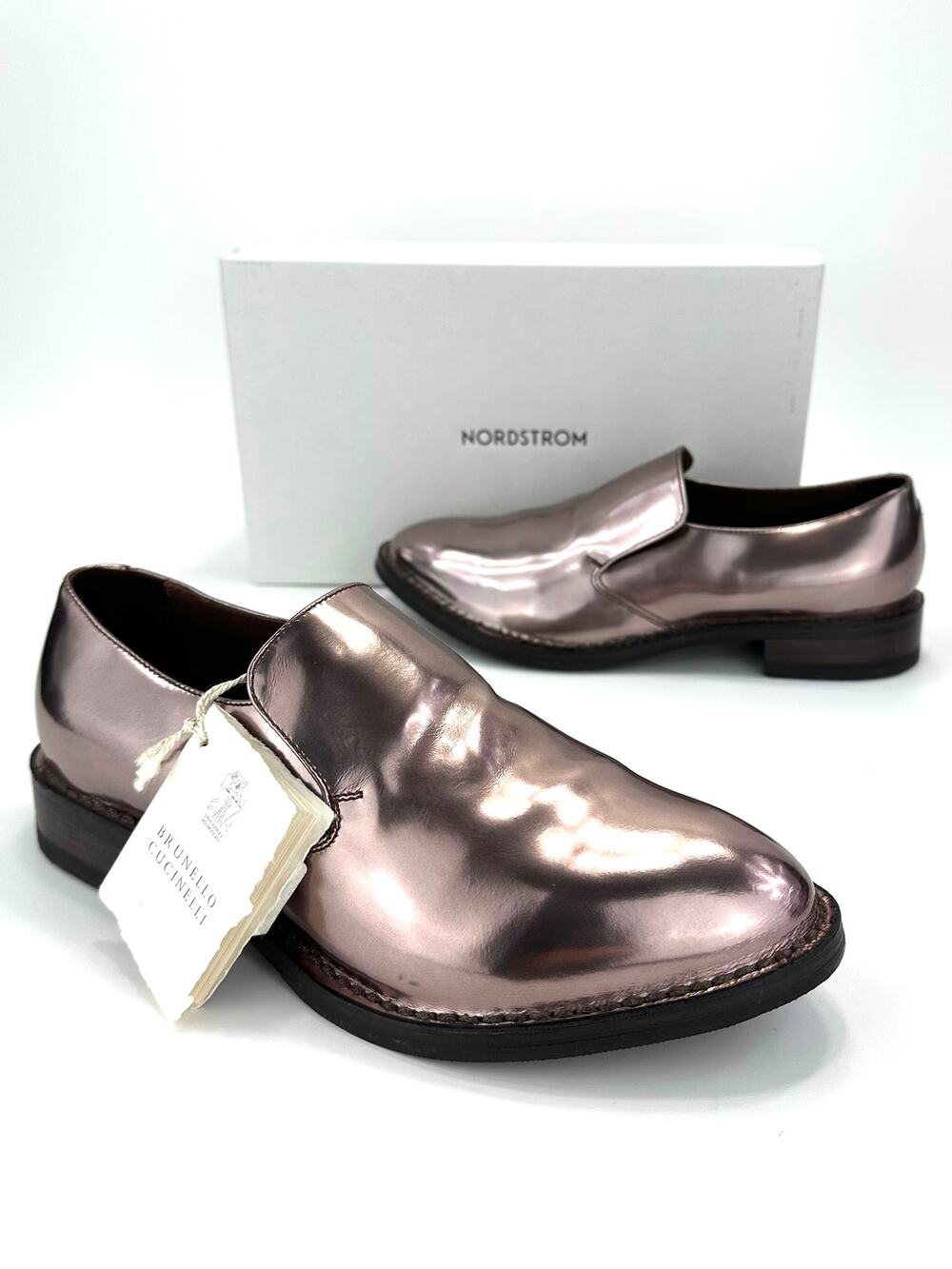 Brunello Cucinelli Women Loafer Shoes Sz 8/38 Pink Metallic Leather Slip-On New